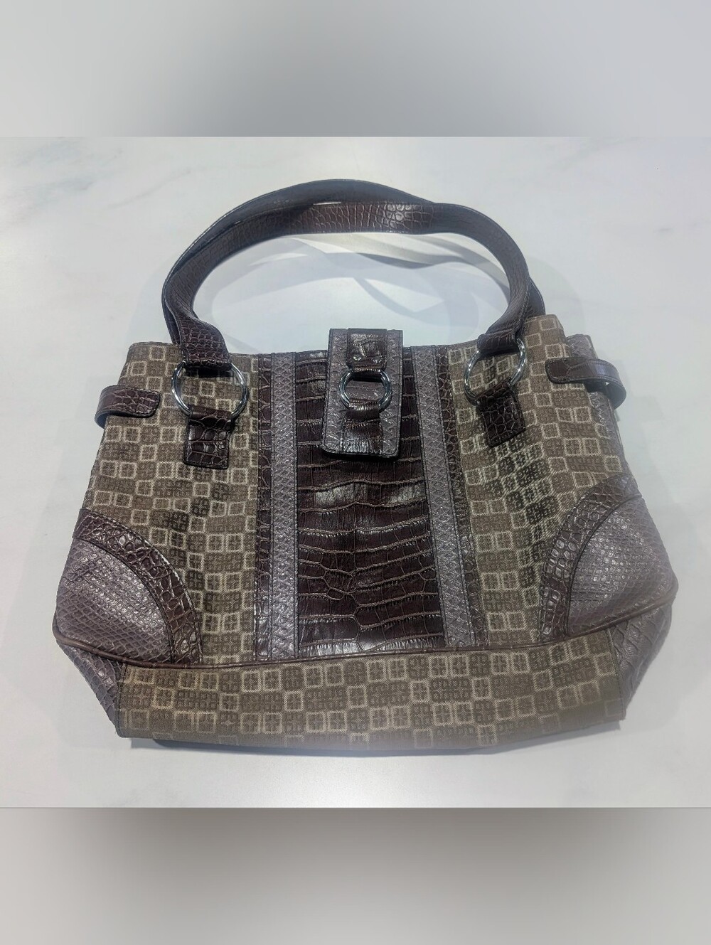 Y2K Worthington Brown Patterned Shoulder Bag with Dark Brown Trim